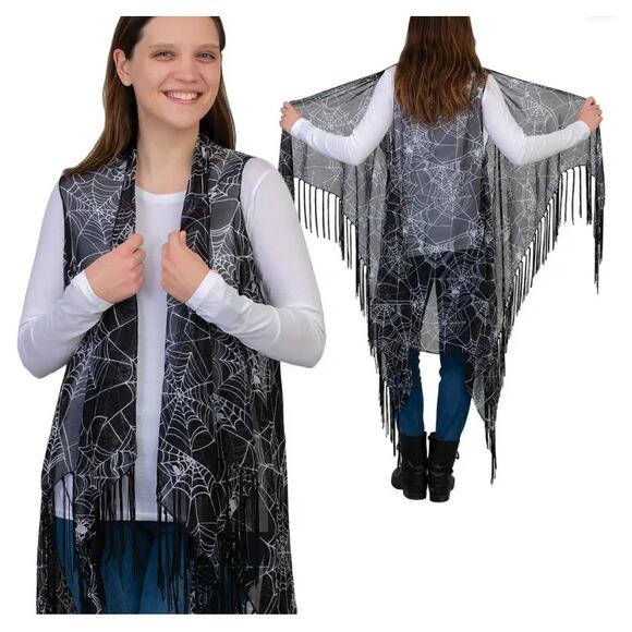 Just Bee Women’s Halloween Spiderweb Shawl Waterfall Fringe Vest Black One Size - Picture 1 of 5